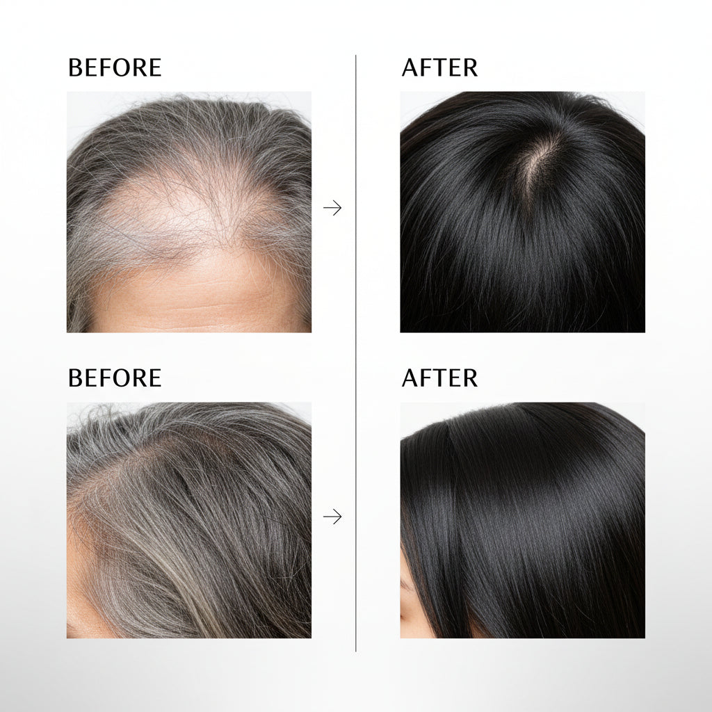 Before and after comparison of hair treatment on a person's head.